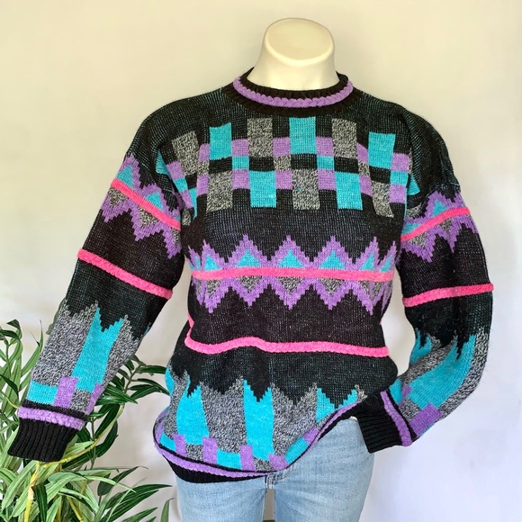 v i n t a g e :: Slouchy Bold Geometric Neon Grandpa Knit Sweater - Picture 11 of 14